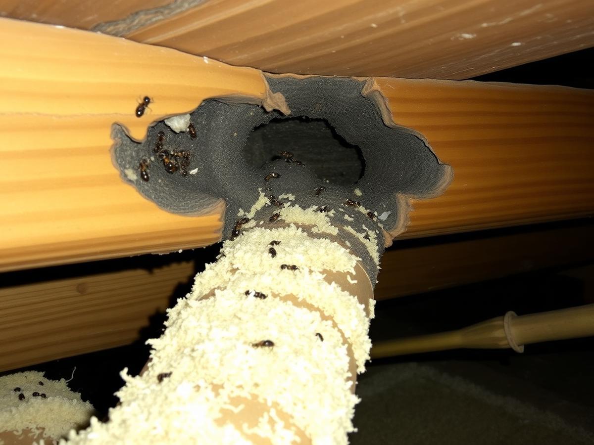 Avant traitement : dégâts structurels causés par les fourmis charpentières dans une poutre