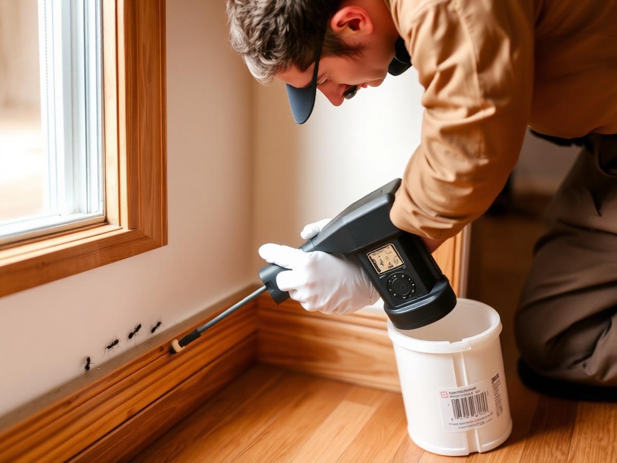 Pendant le traitement : technicien certifié traitant les points d'entrée des fourmis